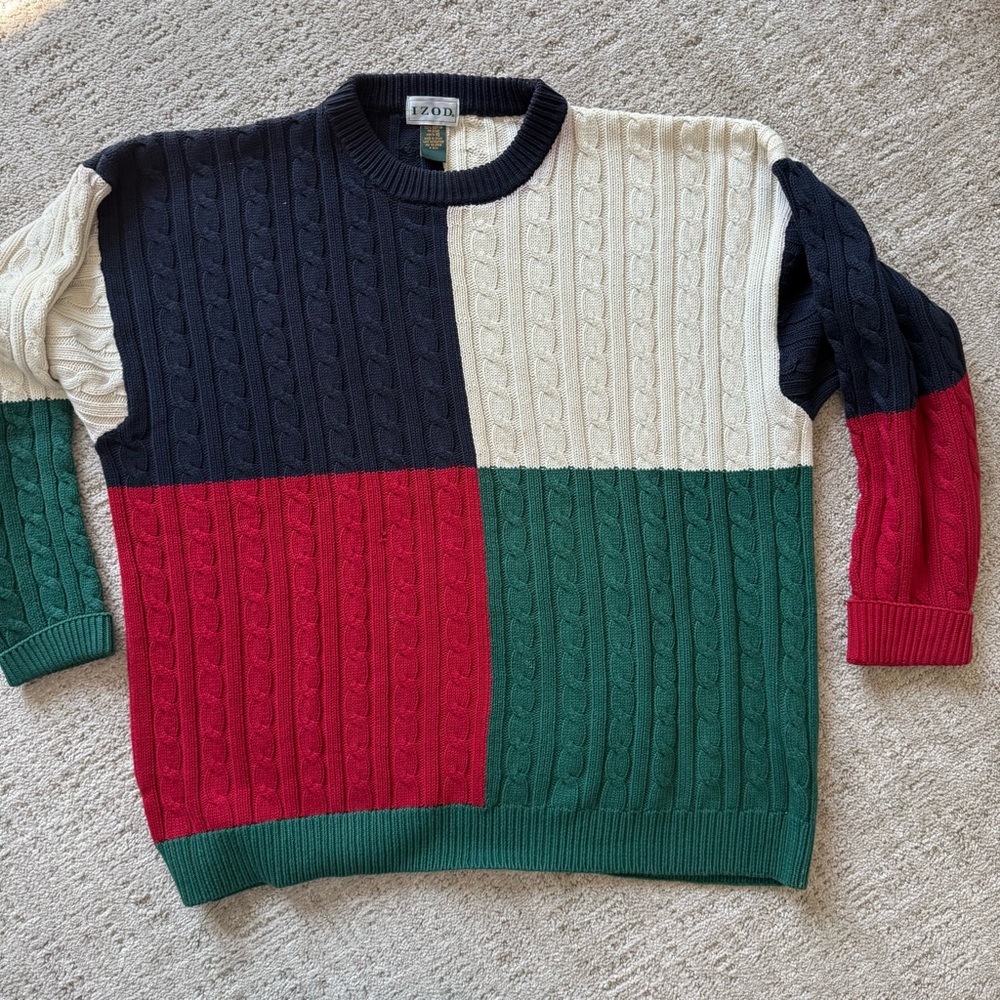 Vintage Izod Club Colorblock Cable Knit Heavy Cotton Sweater Mens XL Tennis Prep